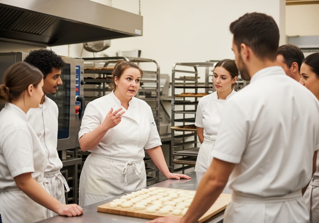 Ein Koch unterrichtet eine Gruppe von Schülern in einer Küche, vor ihnen liegen Teigkugeln auf einem Tablett.