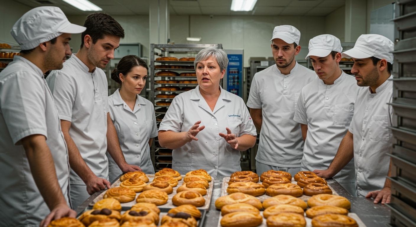 Ein Bäcker unterrichtet eine Gruppe von Auszubildenden in der Nähe von Backblechen in einer Großküche.