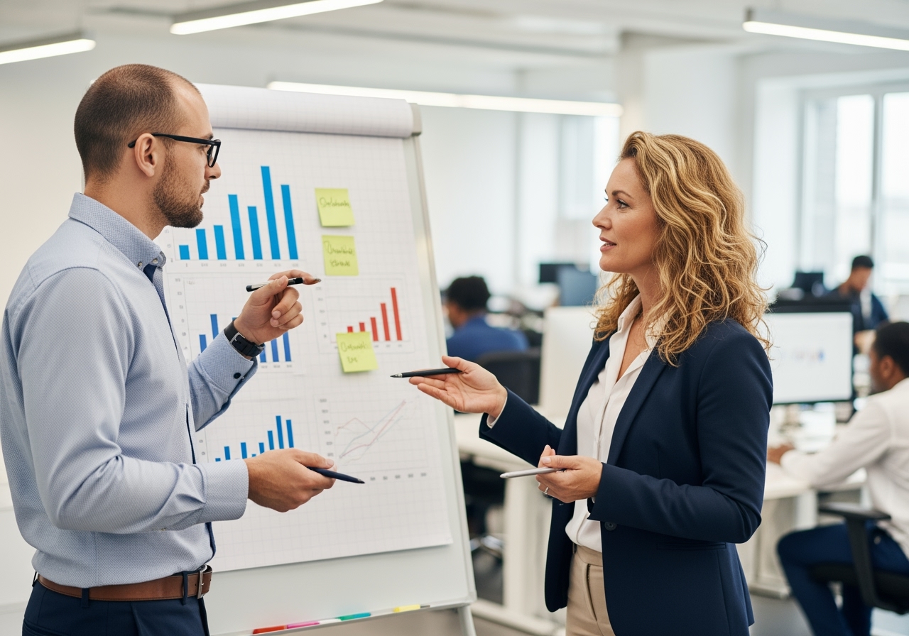 Zwei Fachleute diskutieren in einem modernen Büro über Tabellen und Diagramme auf einem Flipchart.