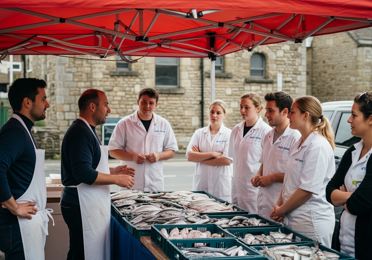 Eine Gruppe von Menschen in weißen Kitteln hört einem Mann an einem Fischmarktstand unter einem roten Vordach zu.