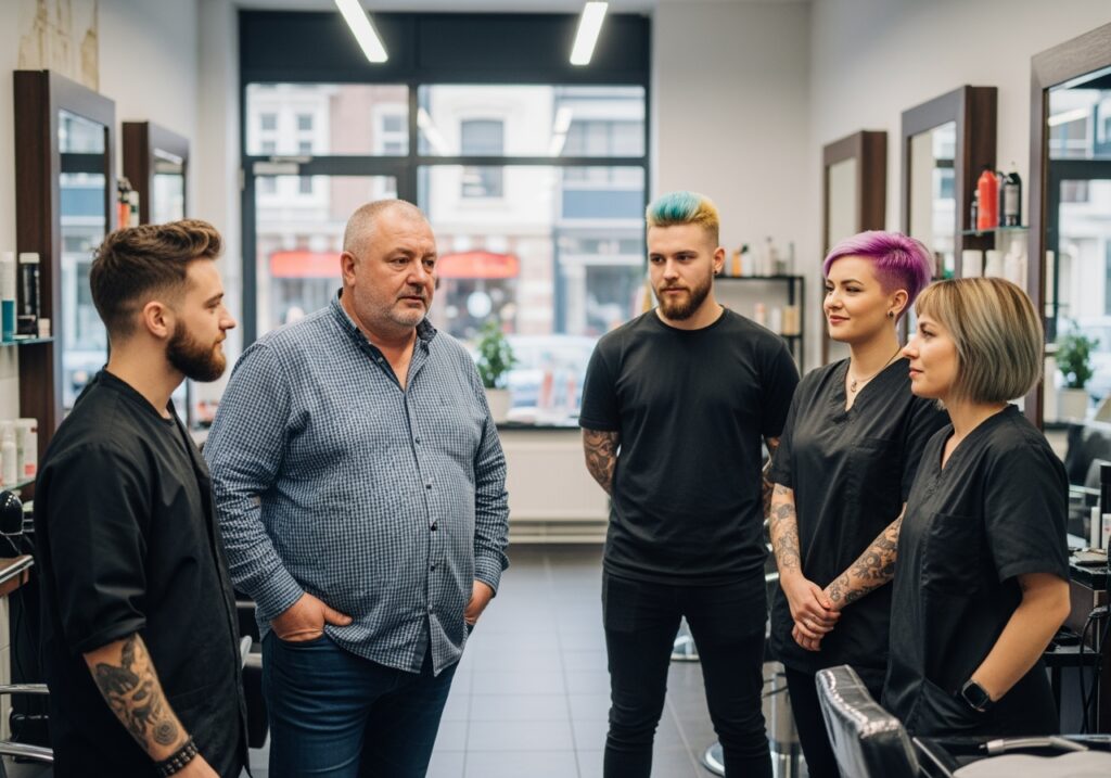 Eine Gruppe von fünf Personen, darunter Stylisten mit bunten Haaren, stehen in einem modernen Salon und unterhalten sich.
