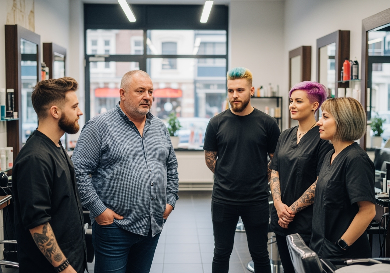 Eine Gruppe von fünf Personen, darunter Stylisten mit bunten Haaren, stehen in einem modernen Salon und unterhalten sich.