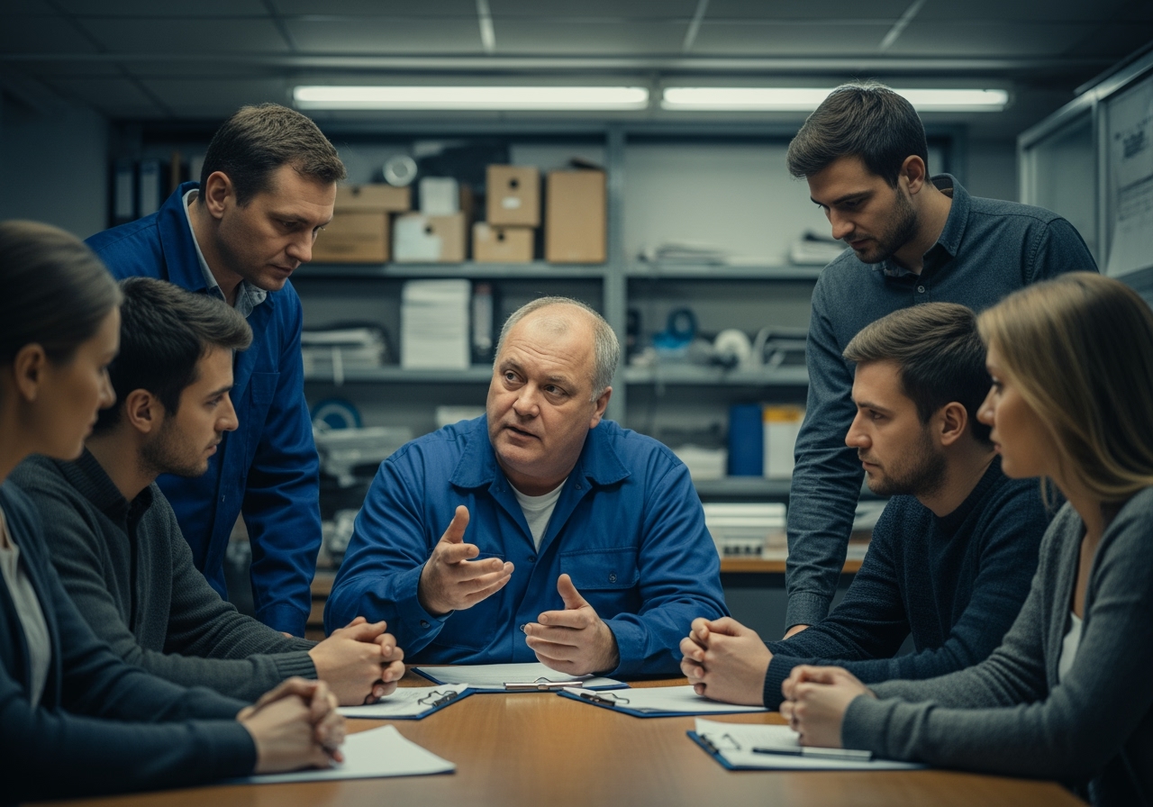 Eine Gruppe von Menschen in einer Sitzung, die einem älteren Mann in blauer Arbeitskleidung zuhören, der an einem Tisch spricht.
