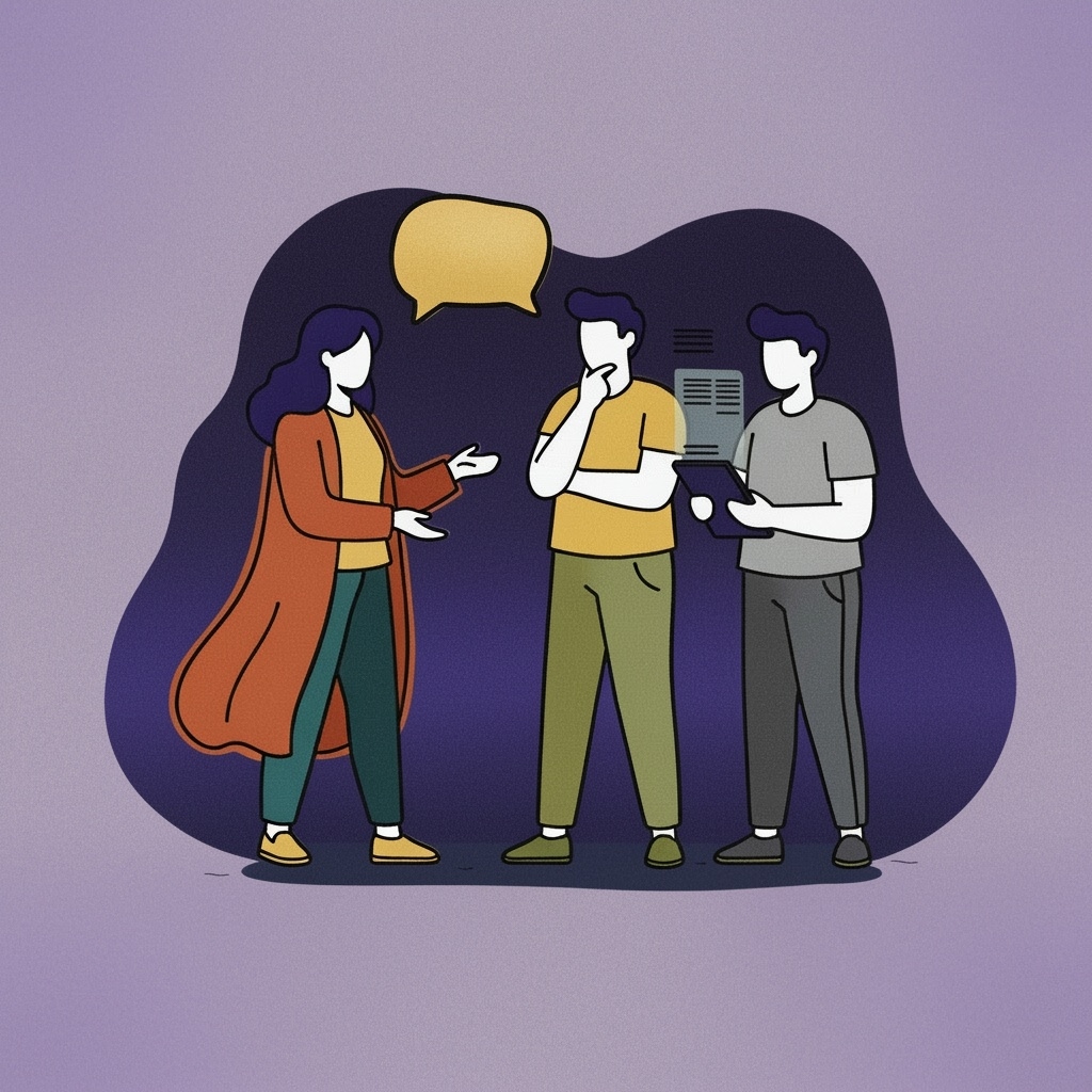 Drei Personen in einer Diskussion, von denen eine spricht, während die beiden anderen zuhören, mit einer Sprechblase über dem Kopf.