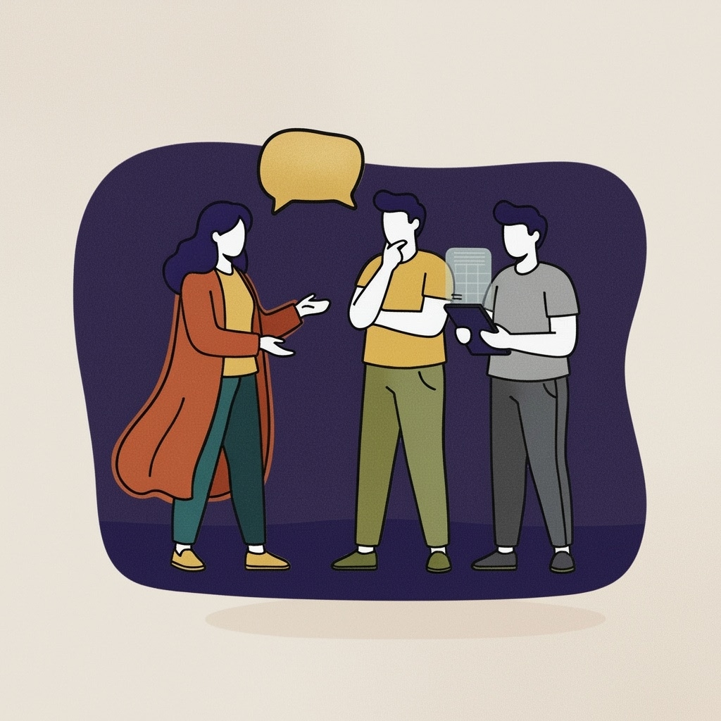 Illustration von drei Personen in einer Diskussion, von denen eine spricht und zwei zuhören, mit einer Sprechblase über ihnen.