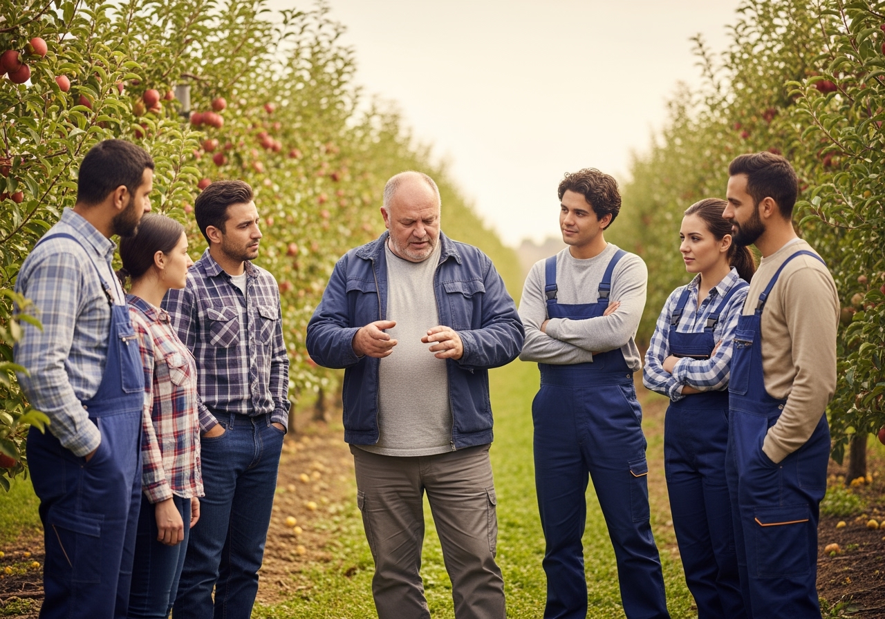 Eine Gruppe von Menschen in einem Obstgarten hört einem Mann zu, der spricht; sie sind von Reihen von Apfelbäumen umgeben.