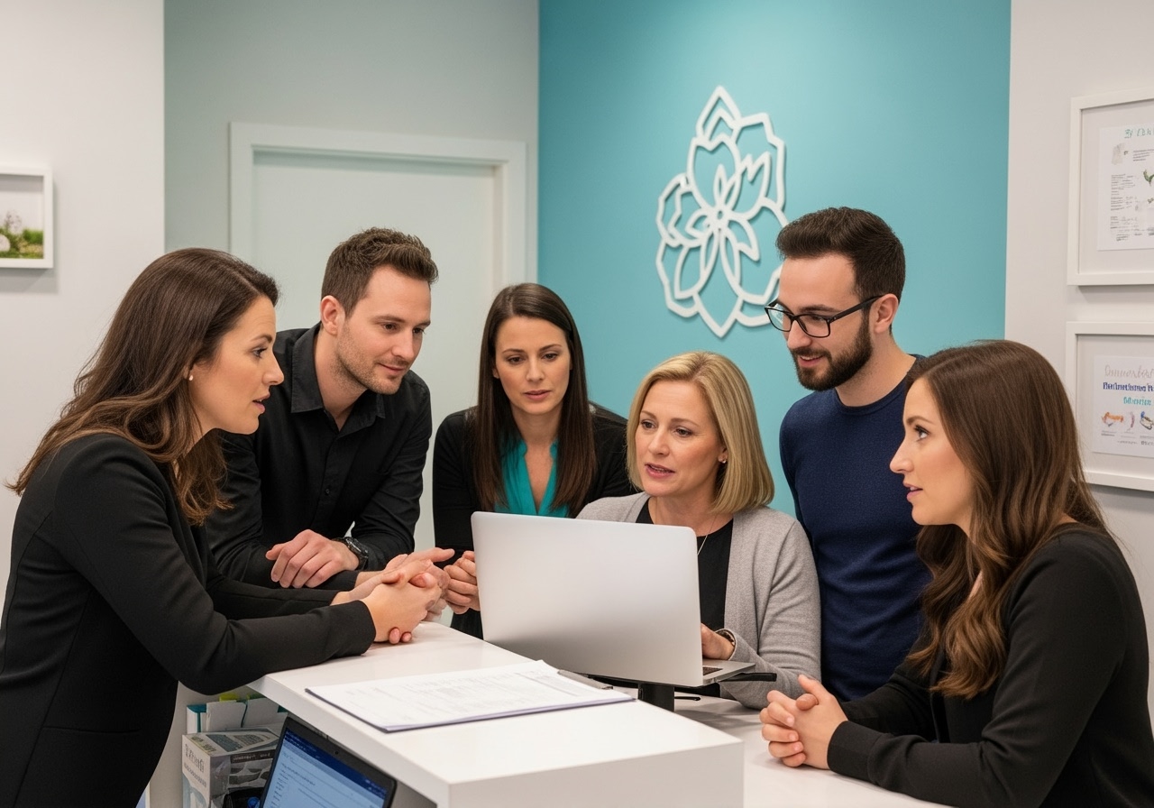 Sechs Kollegen versammeln sich in einem Büro um einen Computer und diskutieren mit konzentrierter Miene über etwas.