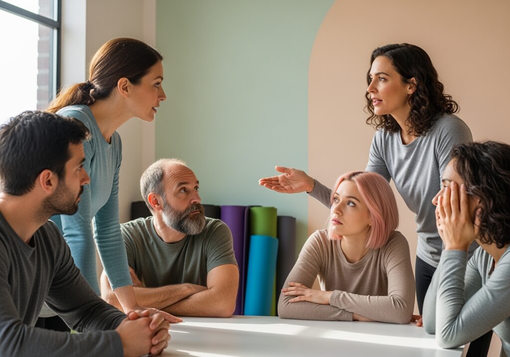 Sechs Personen sitzen an einem Tisch und führen eine ernsthafte Diskussion; zwei Frauen sprechen aktiv, die anderen hören aufmerksam zu.