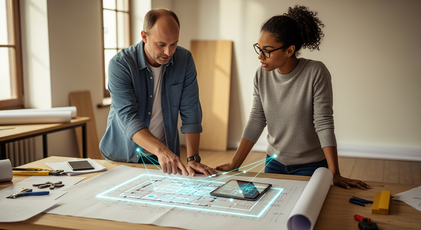 Zwei Personen diskutieren auf einem Tisch in einem hellen Büro einen digitalen Architekturplan mit holografischen Elementen.