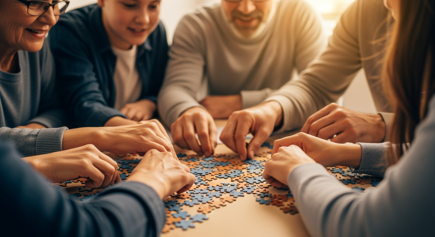 Eine Gruppe von Menschen setzt gemeinsam ein Puzzle auf einem Tisch bei warmer Beleuchtung zusammen.