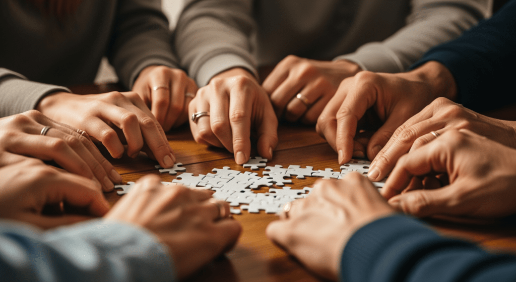 Die Hände mehrerer Personen arbeiten zusammen, um weiße Puzzleteile auf einem Holztisch zusammenzusetzen.