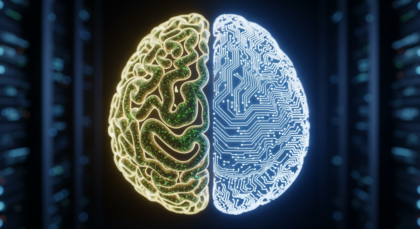 Ein leuchtendes Gehirn, das in zwei Hälften geteilt ist, wobei die eine Seite organisch ist und die andere Seite einem digitalen Schaltkreis ähnelt.