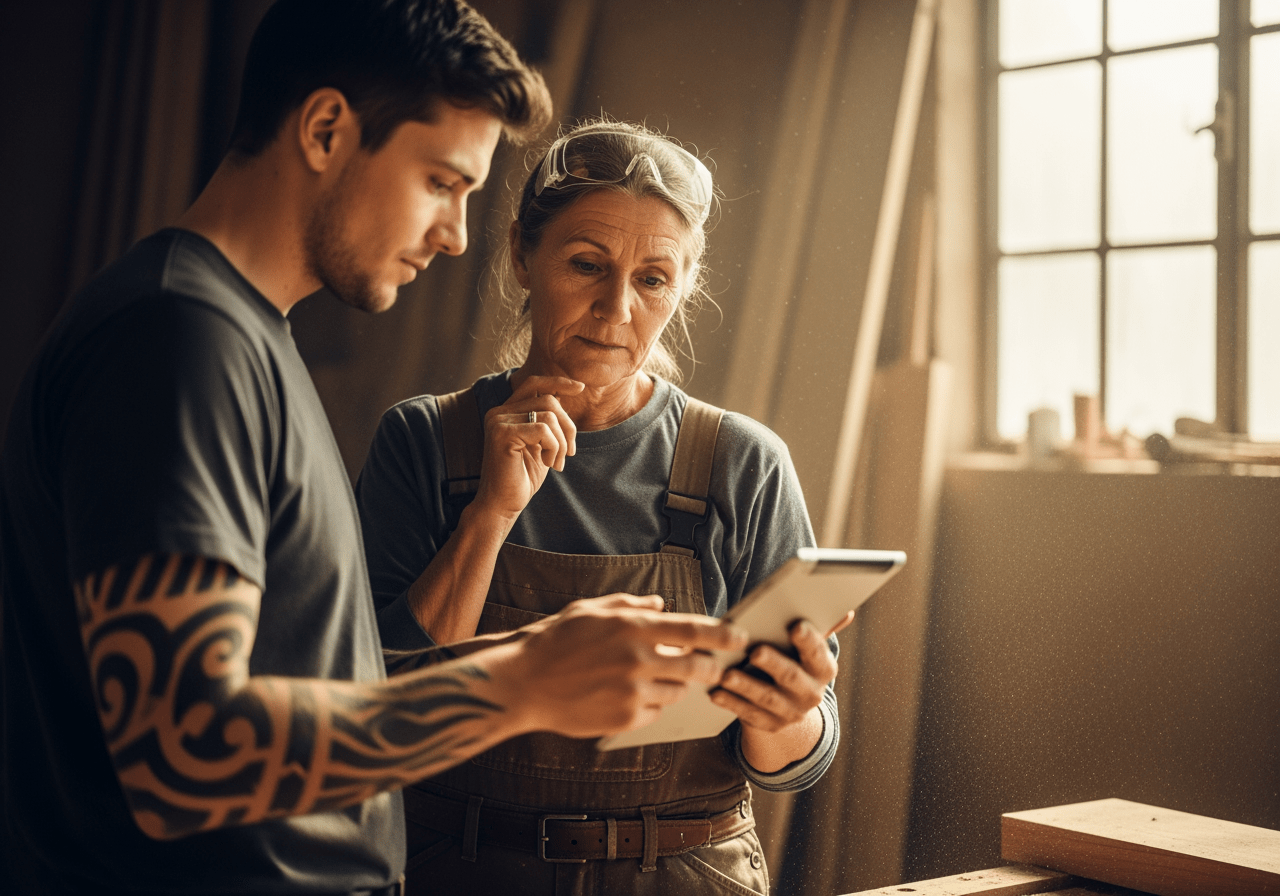 Zwei Personen in einer Werkstatt, die etwas auf einem Tablet diskutieren, während das Sonnenlicht durch ein Fenster fällt.