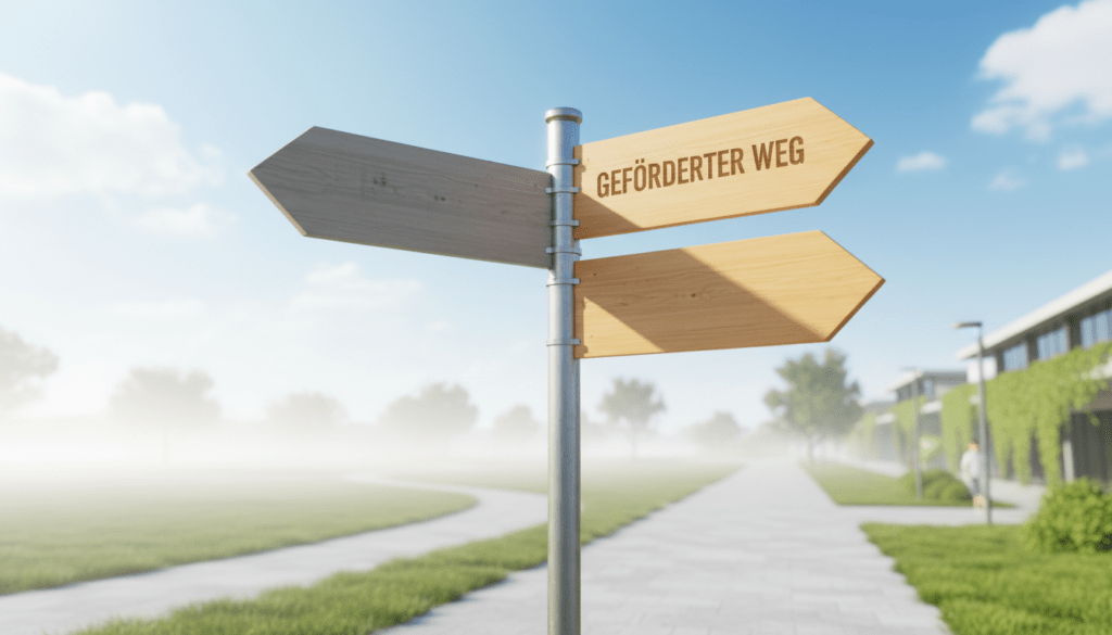 Hölzerner Wegweiser mit "GEFÖRDERTER WEG" und zwei leeren Pfeilen in einer sonnigen, parkähnlichen Umgebung.