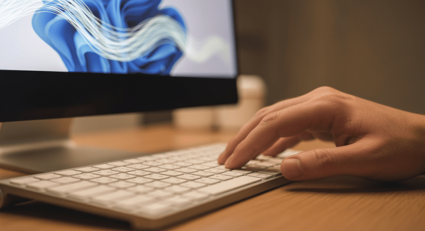 Eine Hand tippt auf einer drahtlosen Tastatur vor einem Computermonitor mit abstrakter Kunst auf dem Bildschirm.