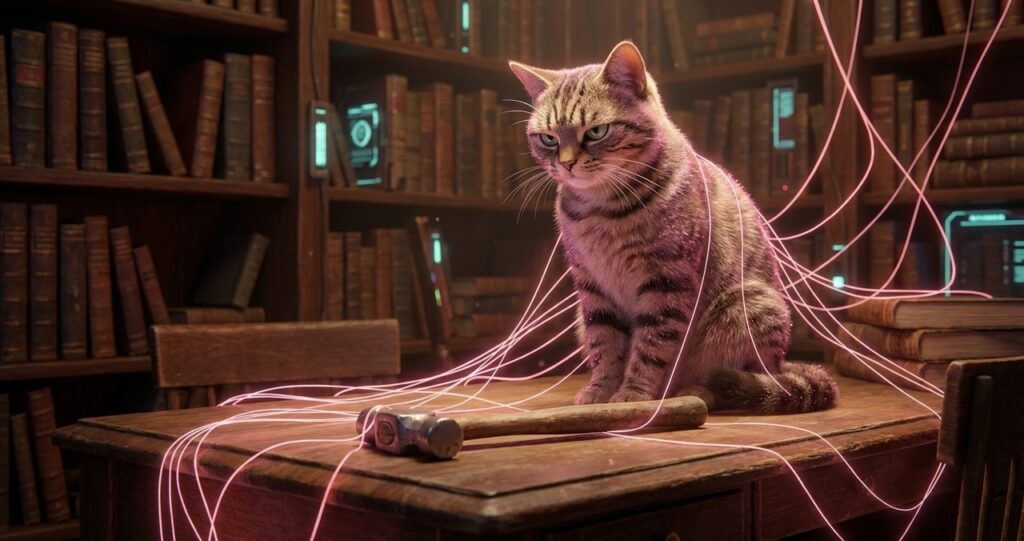 Sinnbild für KItty: Katze mit Hammer und Ökologie