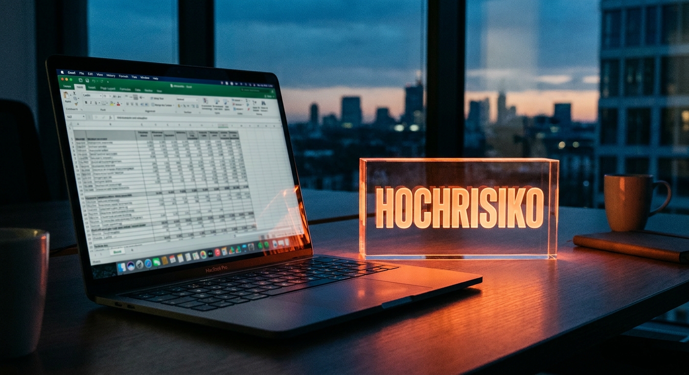Ein Laptop mit einer geöffneten Tabellenkalkulation steht neben einem leuchtenden "HOCHRISIKO"-Schild in einem Büro in der Abenddämmerung.