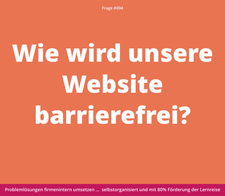 Weißer Text auf orangefarbenem Hintergrund: "Wie wird unsere Website barrierefrei?" mit roter Fußleiste und kleinem weißen Text.