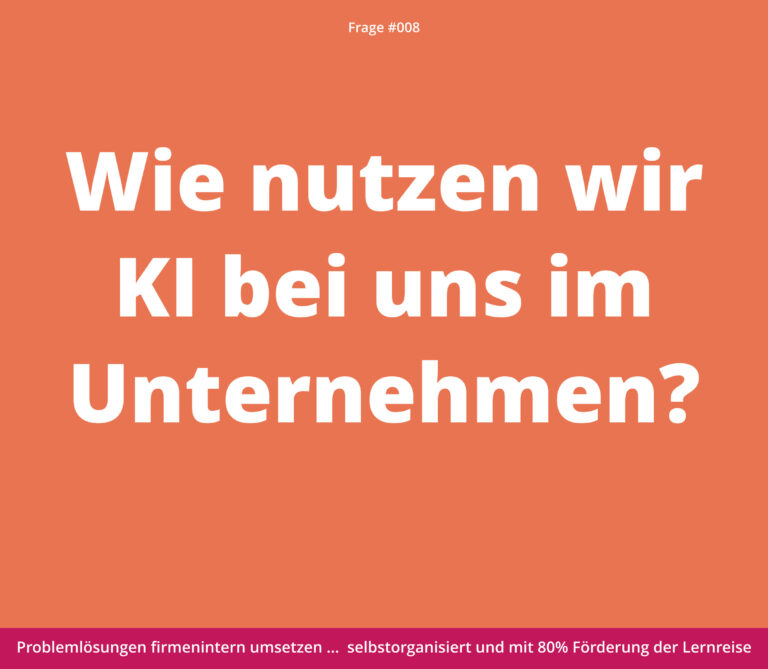 Orangefarbene Grafik mit fetter weißer Schrift: "Wie nutzen wir KI bei uns im Unternehmen?" und eine Fußzeile in Magenta.