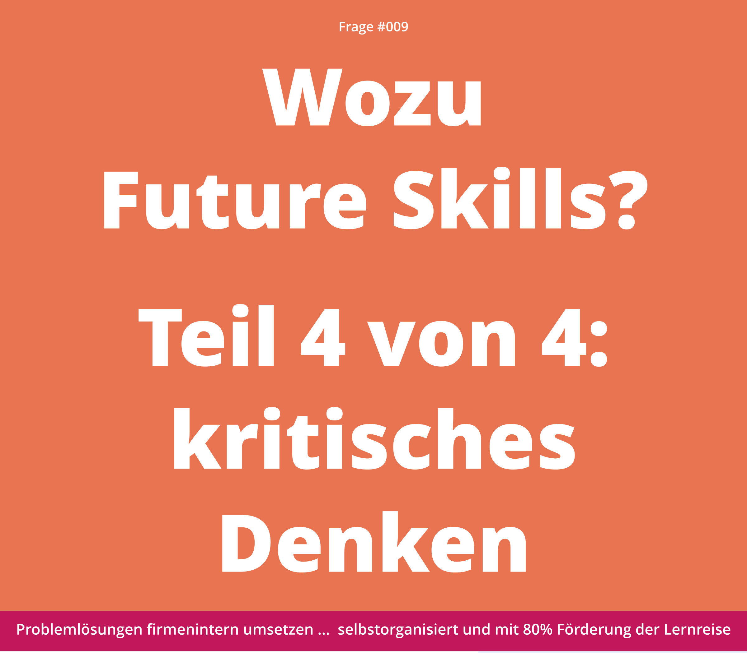 Text auf orangefarbenem Hintergrund: "Wozu Future Skills? Teil 4 von 4: kritisches Denken". Banner darunter mit deutschem Text.
