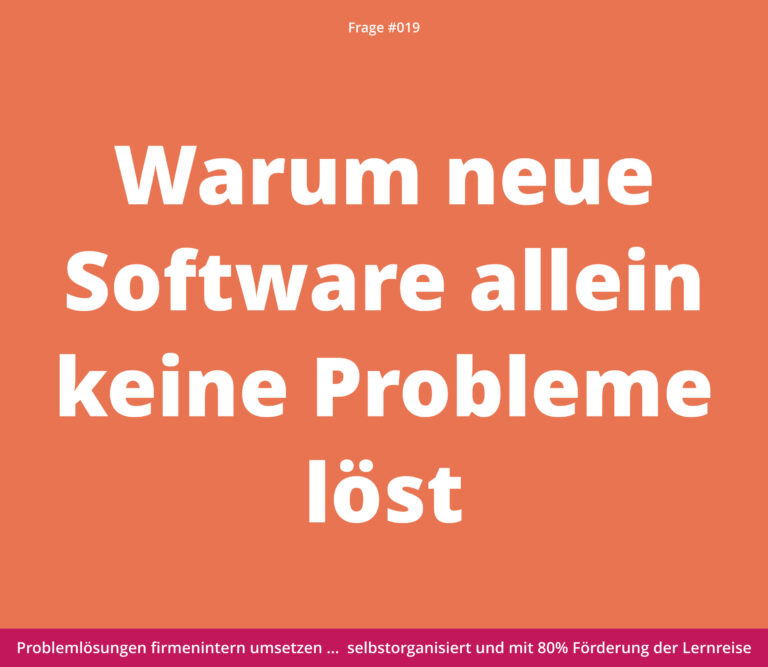 Text auf orangefarbenem Hintergrund: „Warum neue Software allein keine Probleme löst“ in großer weißer Schrift.