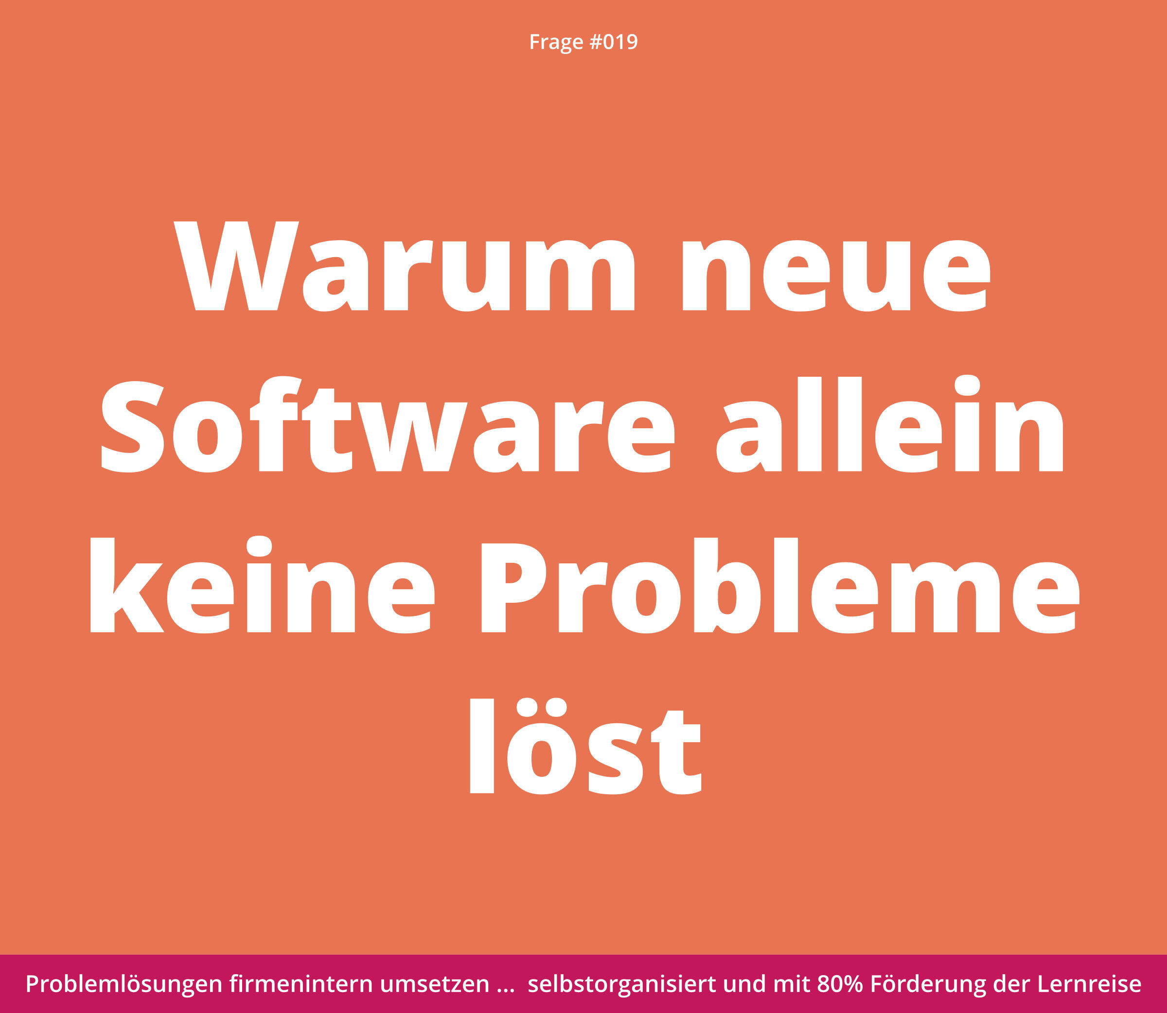 Text auf orangefarbenem Hintergrund: „Warum neue Software allein keine Probleme löst“ in großer weißer Schrift.