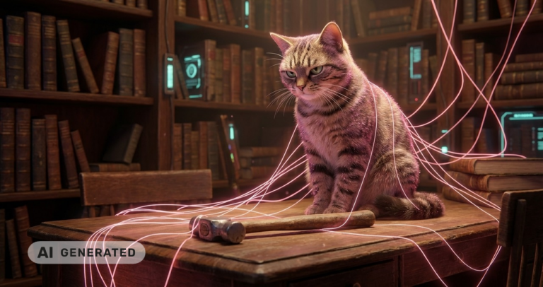 Eine getigerte Katze sitzt auf einem Holzschreibtisch mit leuchtenden Kabeln und einem Hammer, umgeben von alten Bücherregalen.
