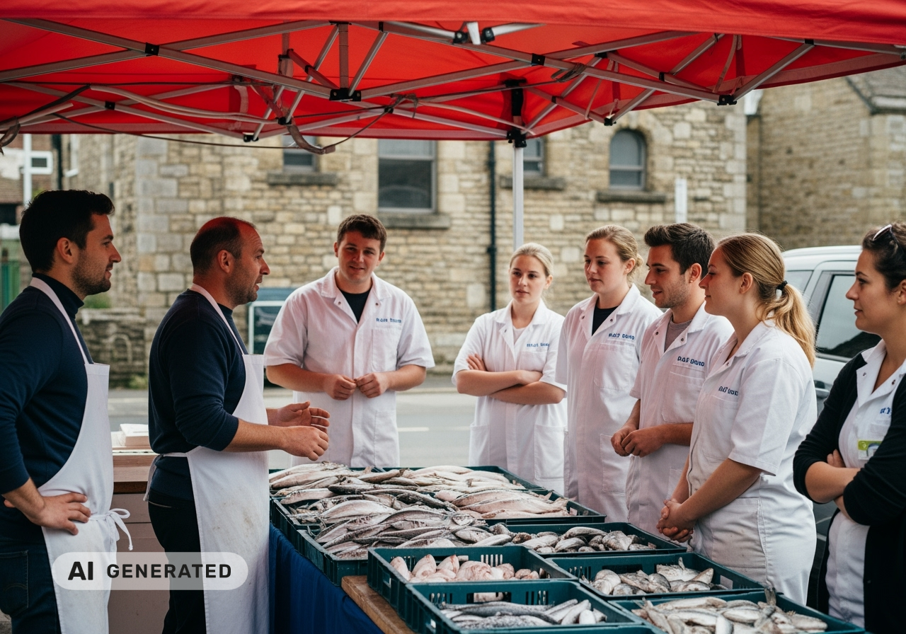 Eine Gruppe in weißen Kitteln hört einem Mann zu, der an einem Marktstand im Freien verschiedene Fischsorten erklärt.