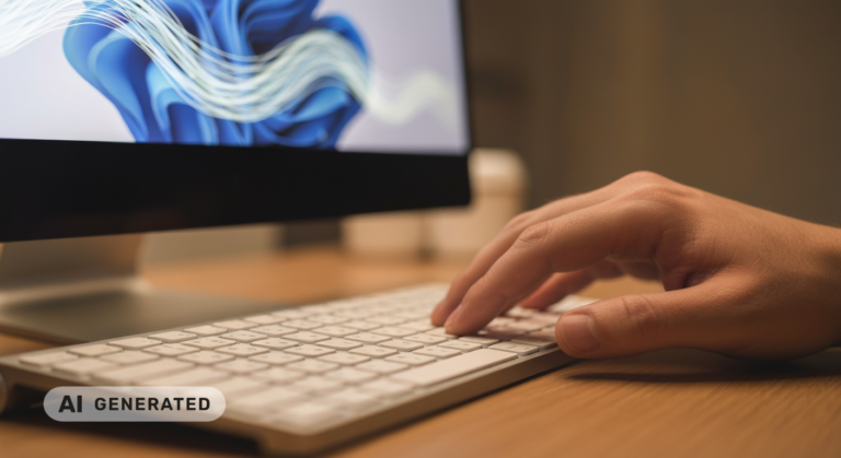 Eine Hand, die auf einer weißen Tastatur tippt, vor einem Computerbildschirm, auf dem abstrakte Wellen zu sehen sind.
