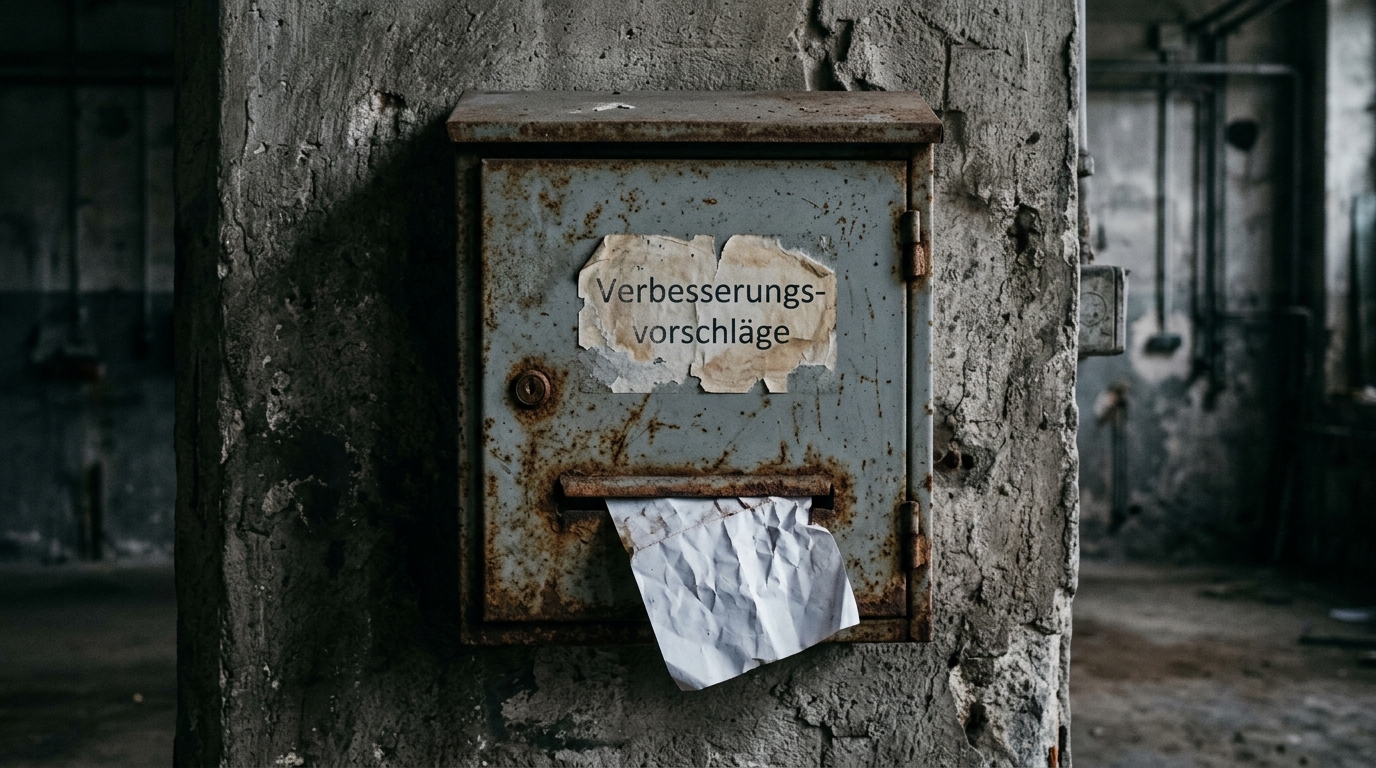 Ein rostiger Vorschlagsbriefkasten mit einem deutschen Aufkleber und einem zerknüllten Zettel, der herausragt, befestigt an einer abgenutzten Betonsäule.