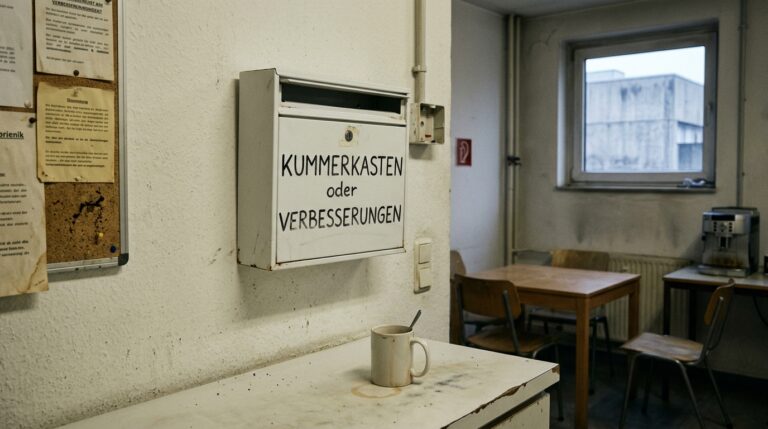 Ein Vorschlagsbriefkasten an einer Wand in einem schlichten Raum mit Tischen, Stühlen, einer Kaffeemaschine und einer Tasse mit einem Löffel.