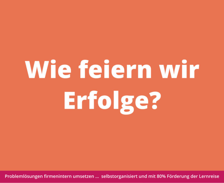 Text auf orangefarbenem Hintergrund: „Wie feiern wir Erfolge?“ mit Informationen zum Coaching und zur Website darunter.