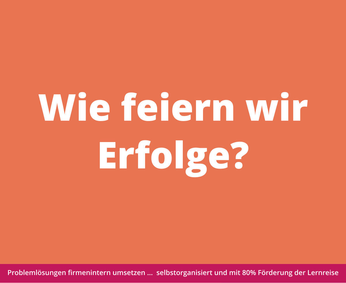 Text auf orangefarbenem Hintergrund: „Wie feiern wir Erfolge?“ mit Informationen zum Coaching und zur Website darunter.