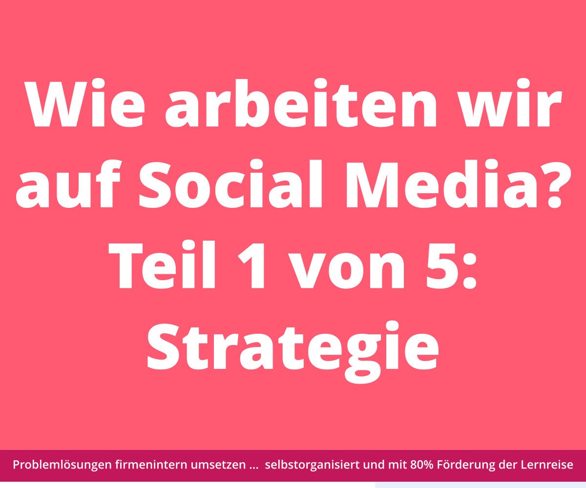 Weißer deutscher Text auf rosa Hintergrund zum Thema Social-Media-Strategie; darunter ein violetter Balken mit weiterem Text.