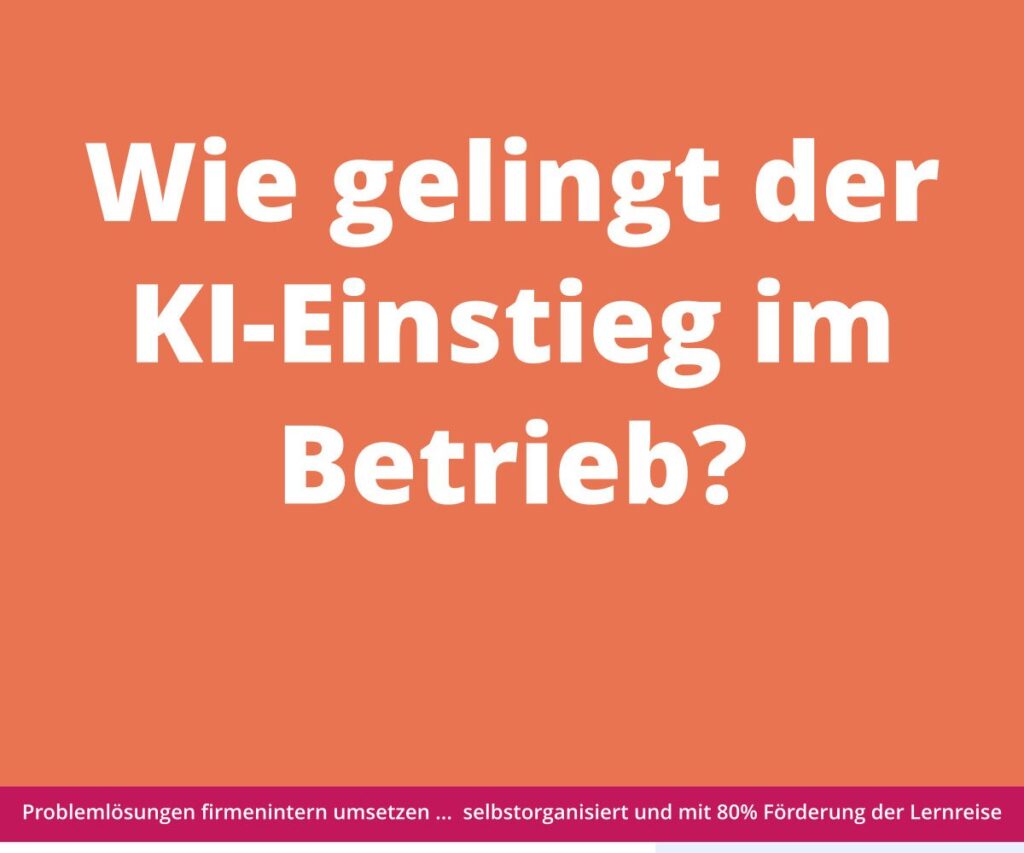 Der weiße deutsche Text auf orangefarbenem Hintergrund lautet: „Wie gelingt der Einstieg in die KI im Unternehmen?“ mit einer Fußzeile auf dunkelrotem Hintergrund.