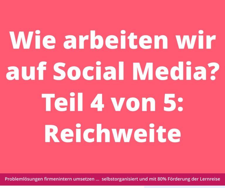 Grafik mit dem Text: „Wie arbeiten wir in den sozialen Medien? Teil 4 von 5: Reichweite“ auf rosa Hintergrund.