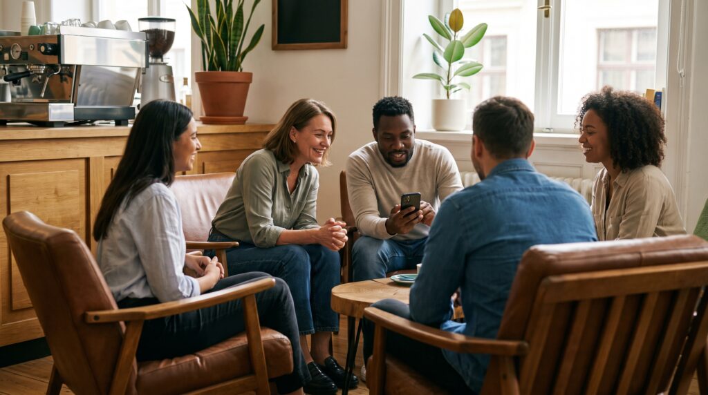 Ein Team sitzt in einer entspannten Kaffeeecke zusammen, während ein neuer Mitarbeiter offen eine Frage in die Runde stellt.